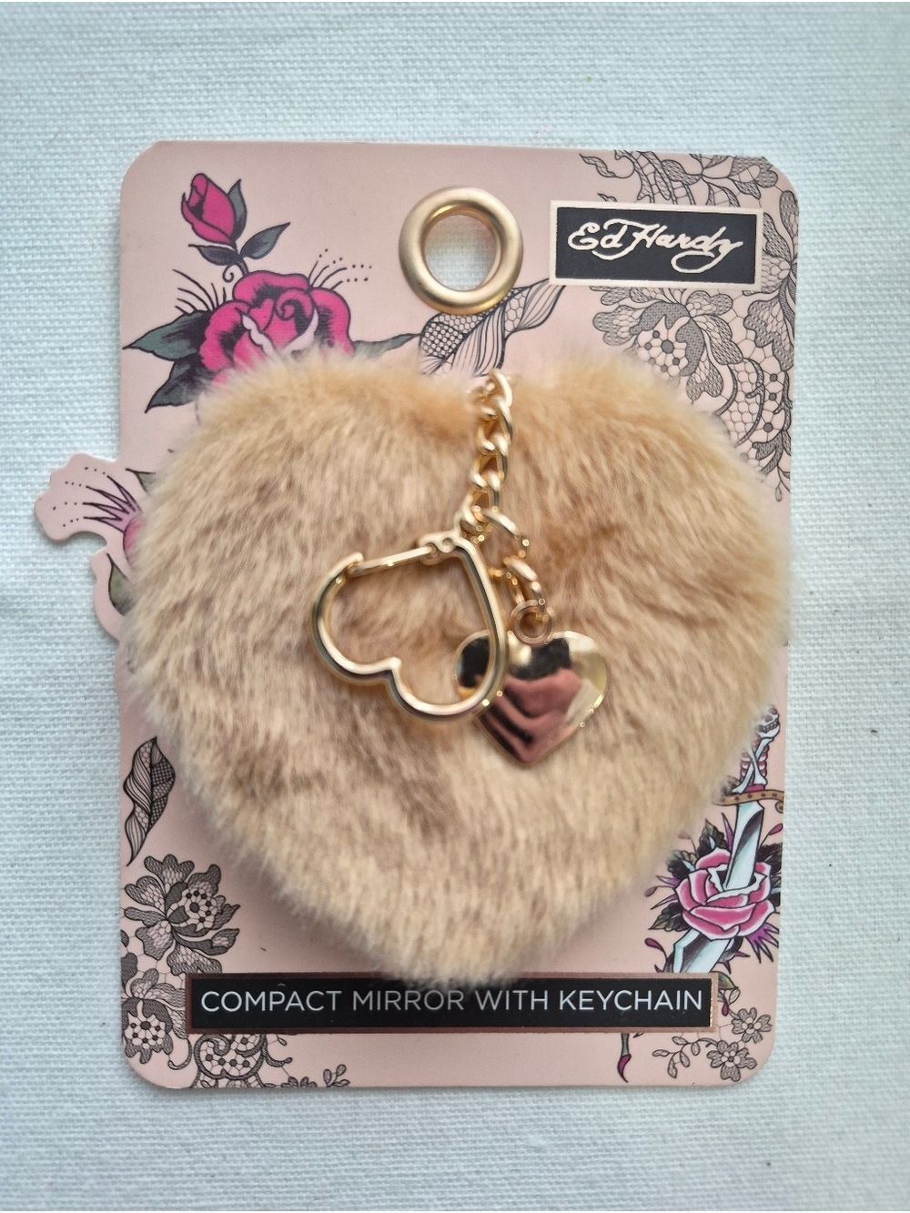 Ed Hardy Faux Fur Heart Compact Mirror Keychain Gold Charm Y2K NWT - Picture 2 of 5